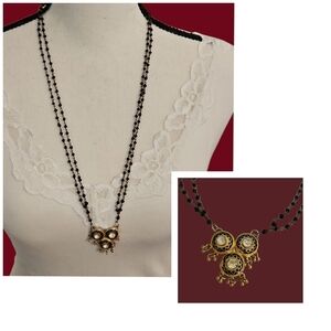 Estate Gold and Black Damascene Pendant Glass Beaded Chain Necklace